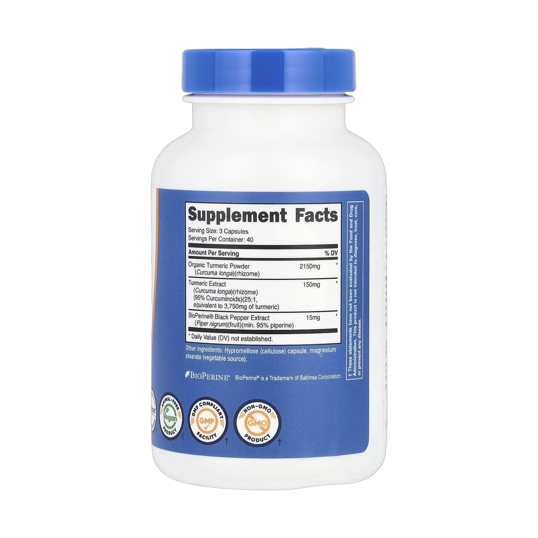 Nutricost, Turmeric, 120 Capsules back packaging view
