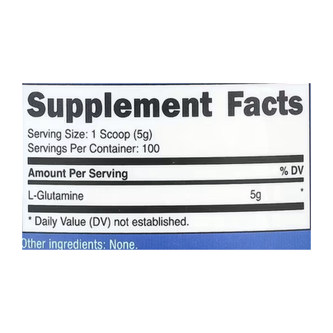 Nutricost, L-Glutamine, Unflavored, 17.9 oz, 500 g supplement facts label showing ingredients, vitamins, minerals, and serving information