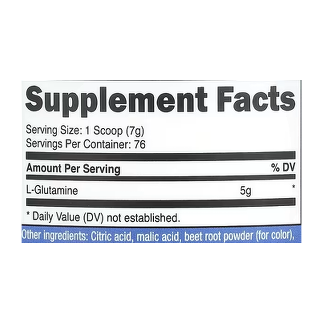 Nutricost, L-Glutamine, Fruit Punch , 17.9 oz, 500 g supplement facts label showing ingredients, vitamins, minerals, and serving information