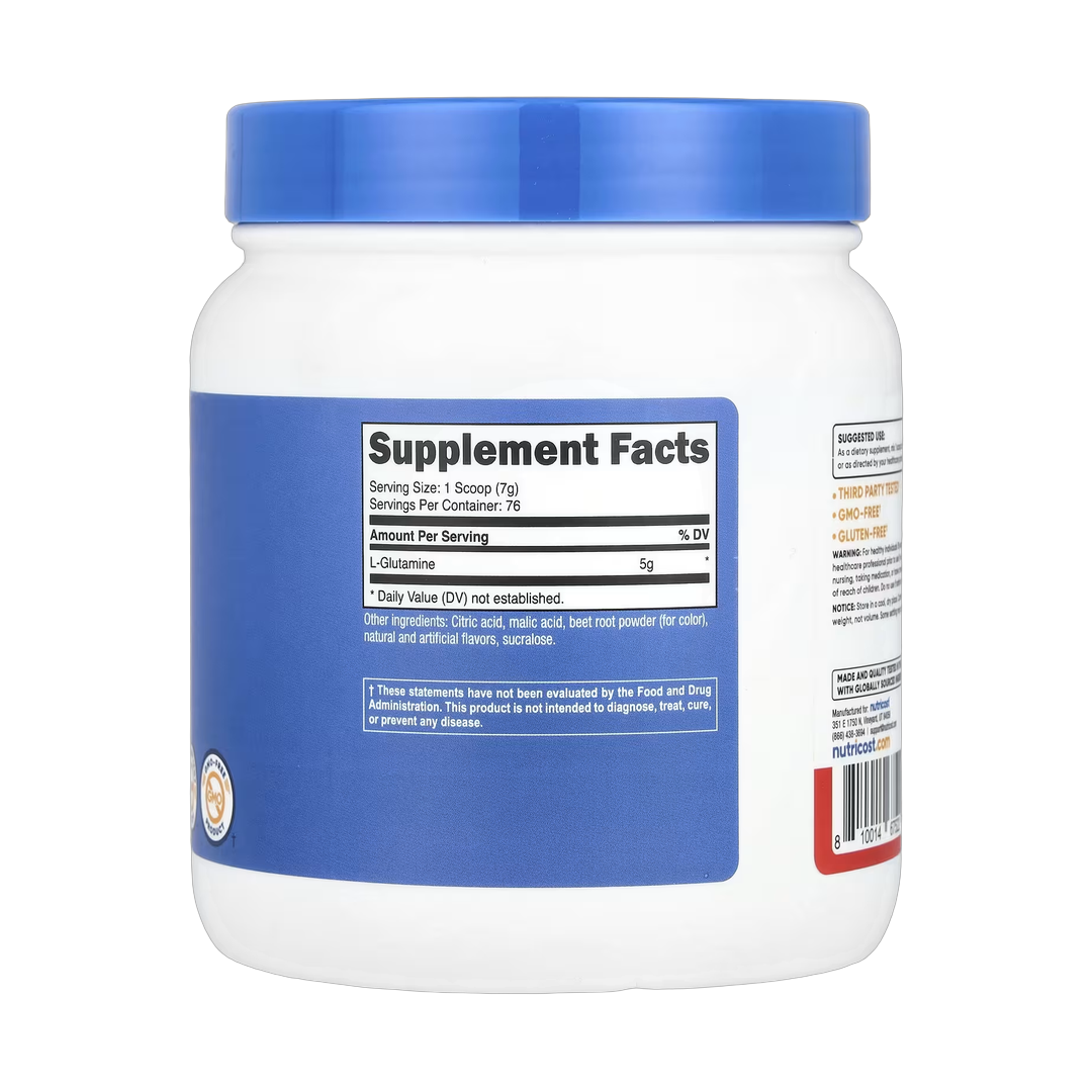 Nutricost, L-Glutamine, Fruit Punch , 17.9 oz, 500 g back packaging view