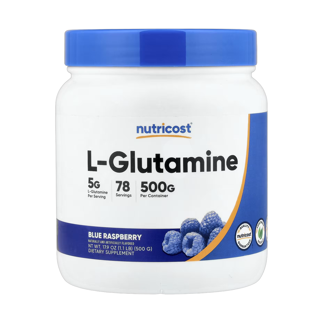 Nutricost, L-Glutamine, Blue Raspberry, 17.9 oz, 500 g front packaging view