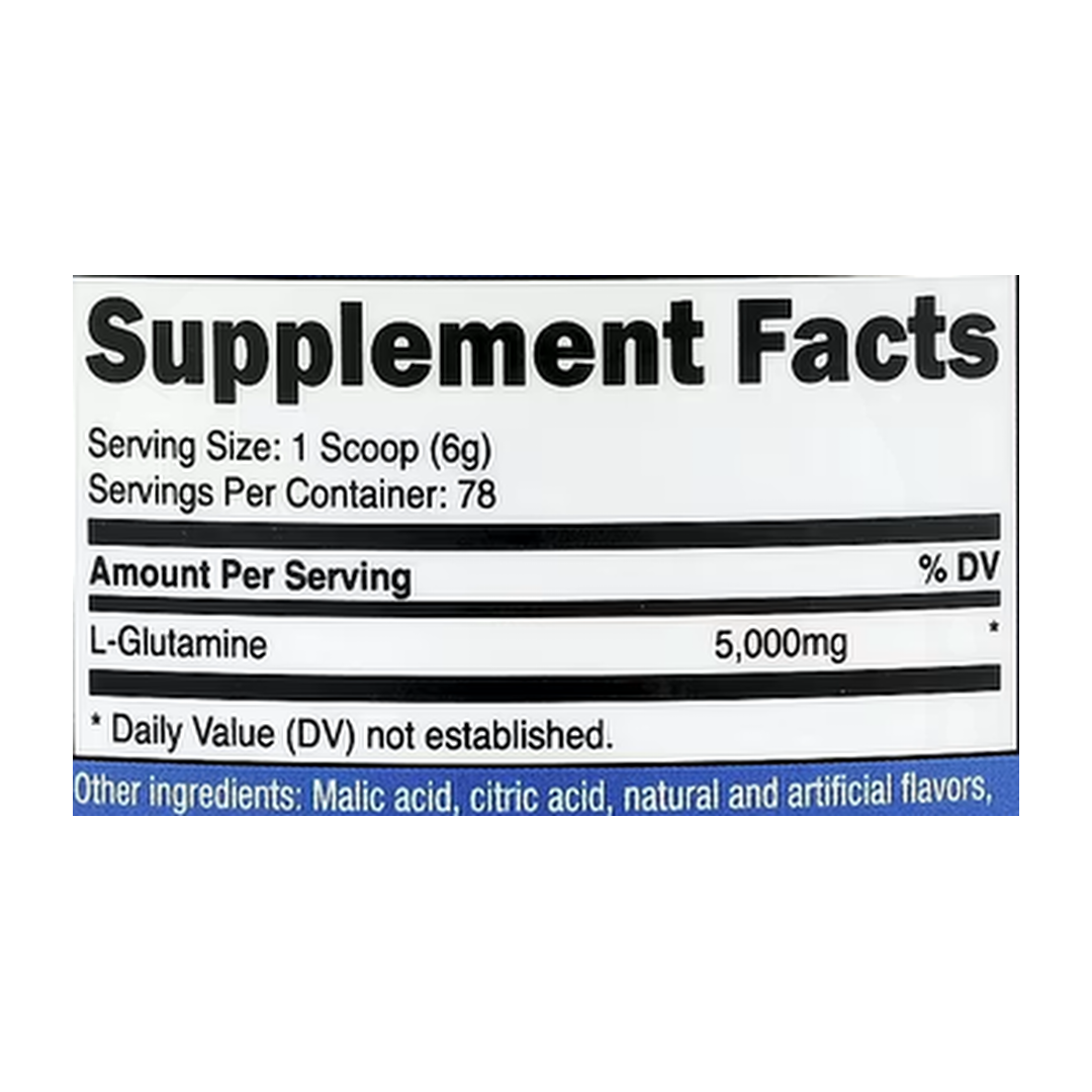 Nutricost, L-Glutamine, Blue Raspberry, 17.9 oz, 500 g supplement facts label showing ingredients, vitamins, minerals, and serving information