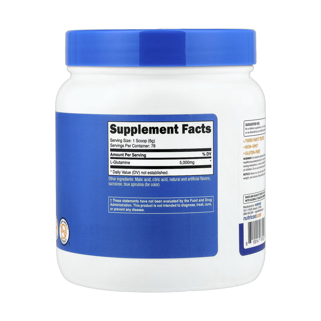 Nutricost, L-Glutamine, Blue Raspberry, 17.9 oz, 500 g back packaging view