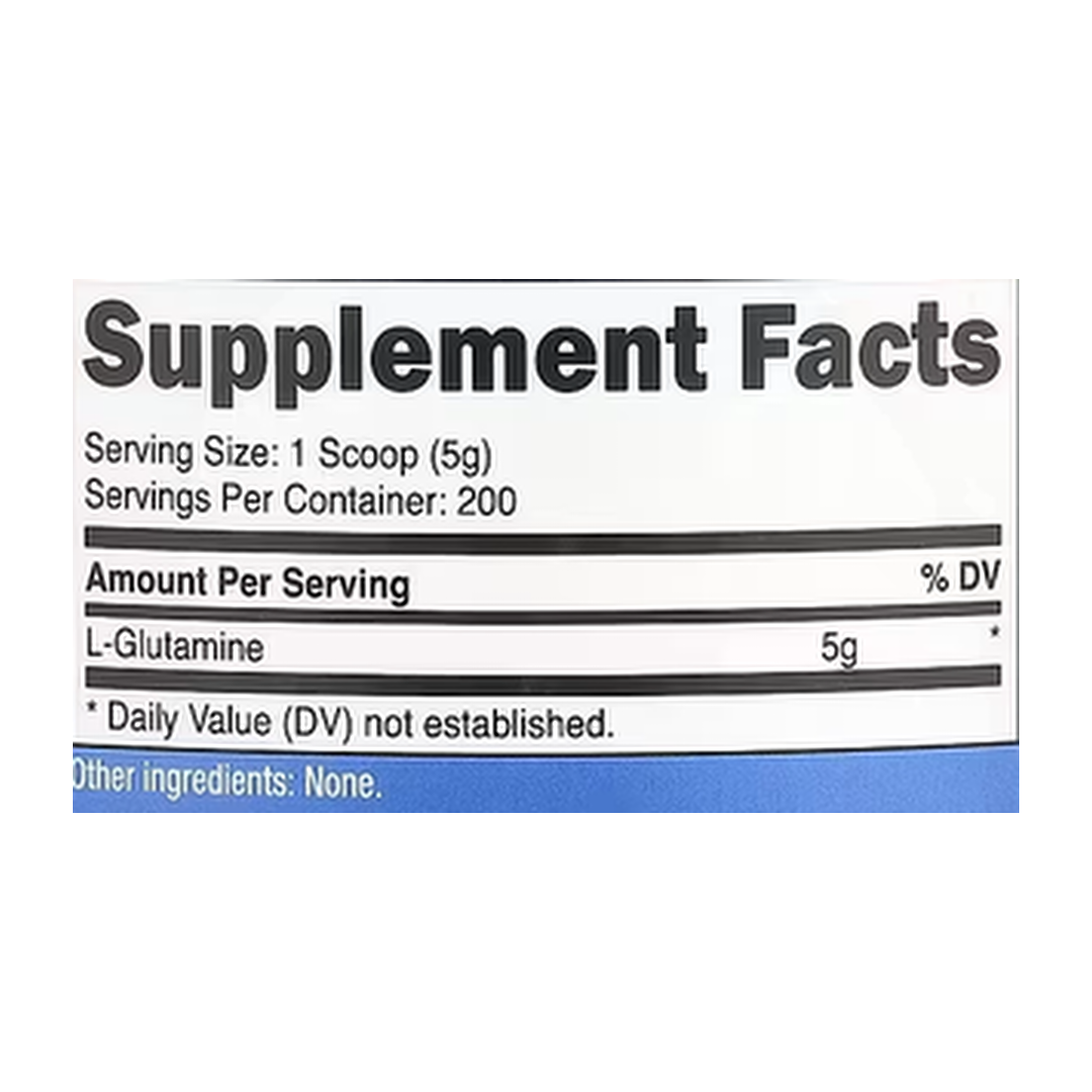 Nutricost, L-Glutamine, Unflavored, 35.7 oz, 1 kg supplement facts label showing ingredients, vitamins, minerals, and serving information