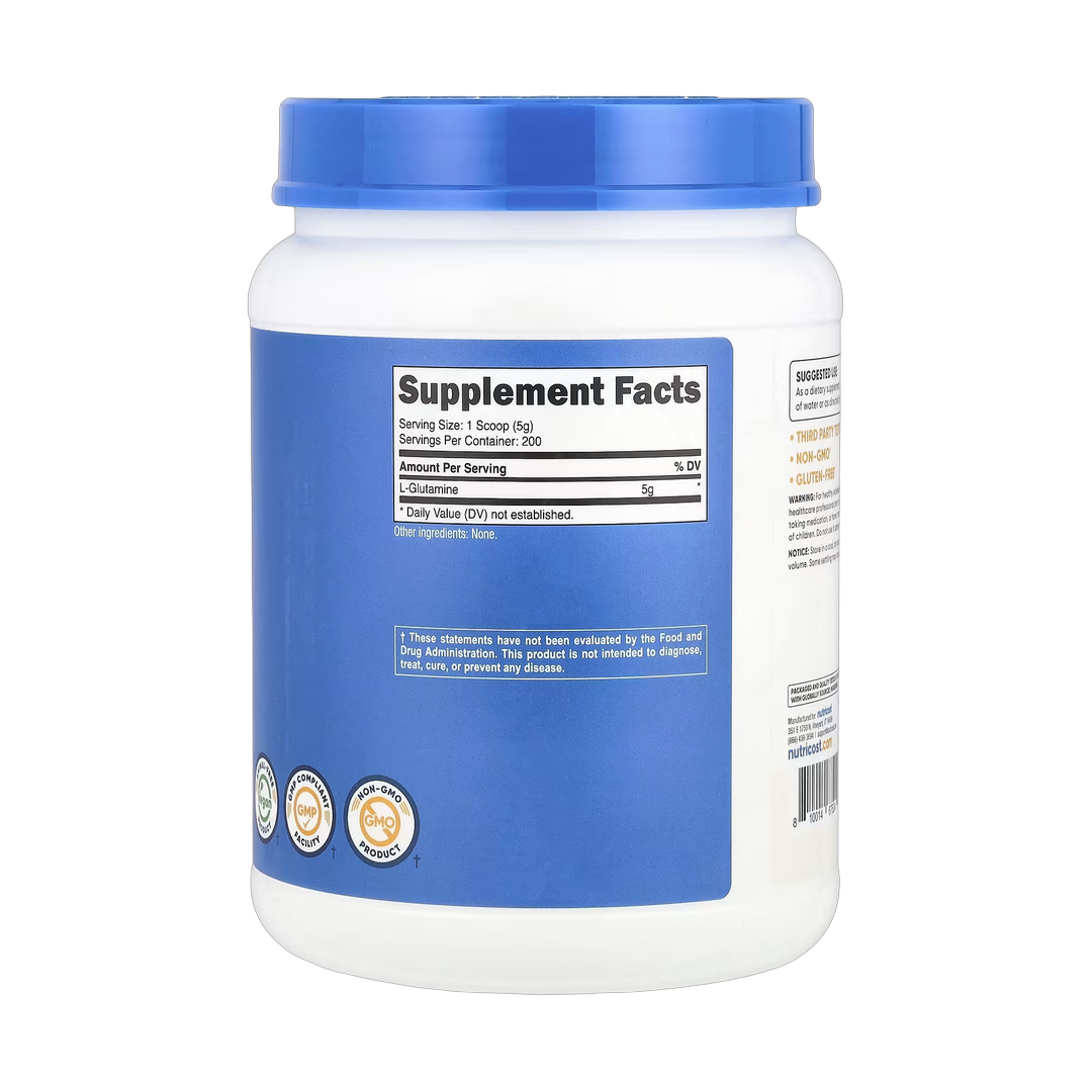 Nutricost, L-Glutamine, Unflavored, 35.7 oz, 1 kg back packaging view