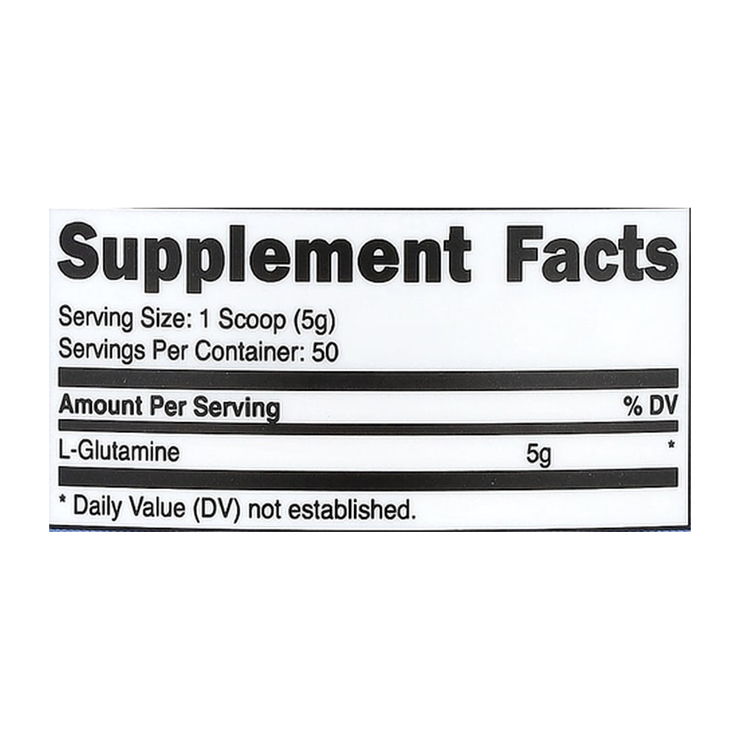 Nutricost, L-Glutamine, Unflavored, 8.9 oz, 250 g supplement facts label showing ingredients, vitamins, minerals, and serving information