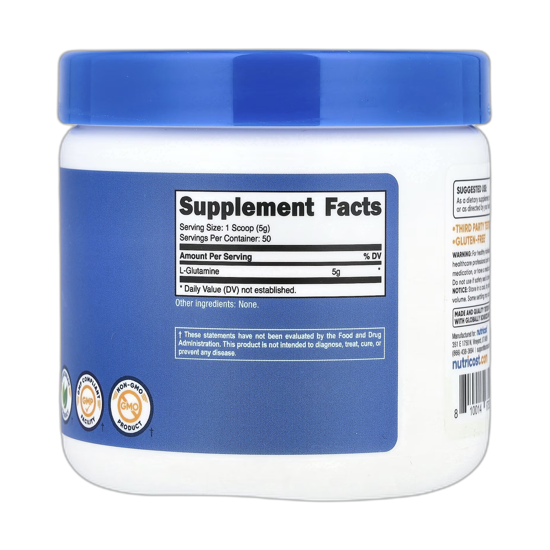 Nutricost, L-Glutamine, Unflavored, 8.9 oz, 250 g back packaging view