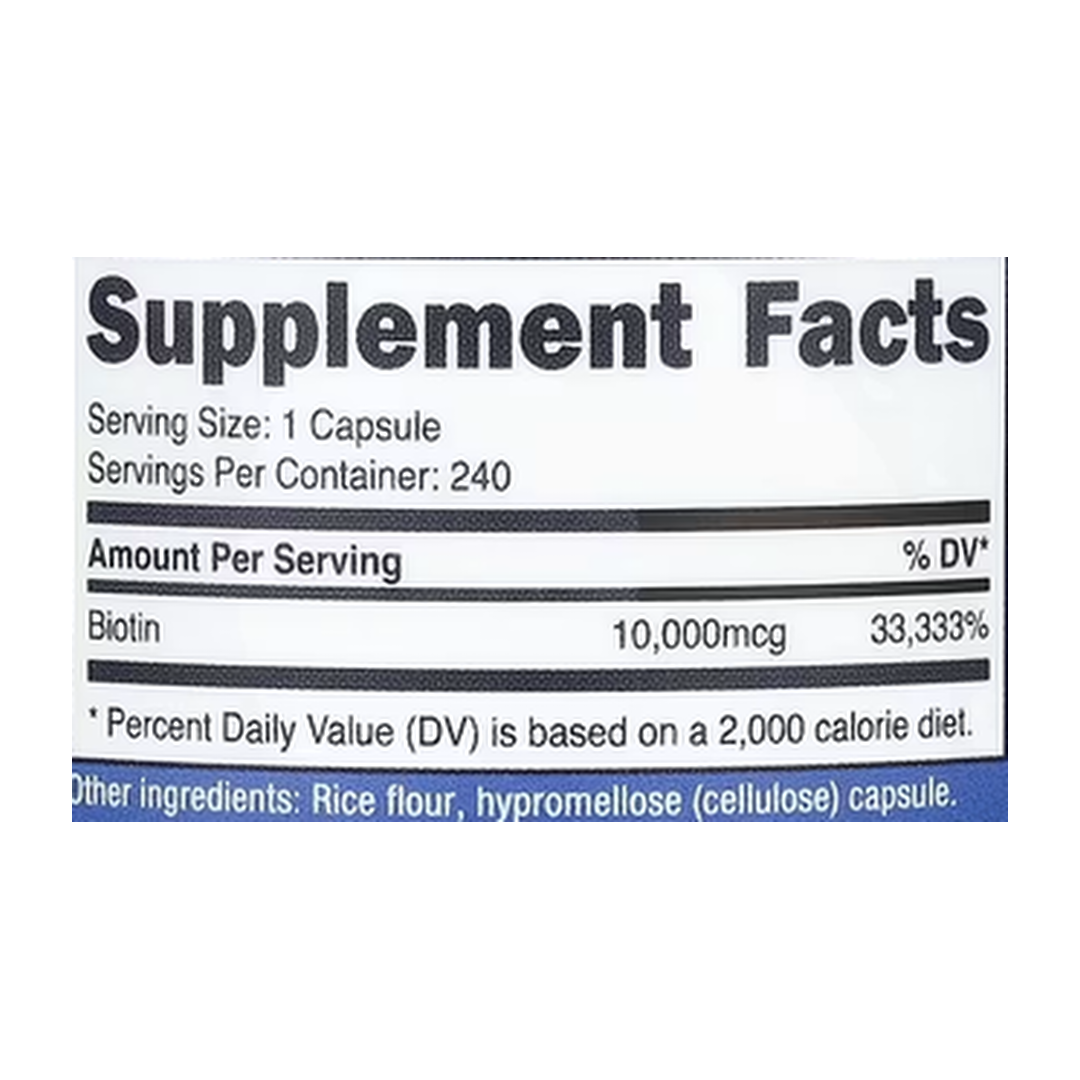 Nutricost, Biotin, 10,000 mcg, 240 Capsules supplement facts label showing ingredients, vitamins, minerals, and serving information