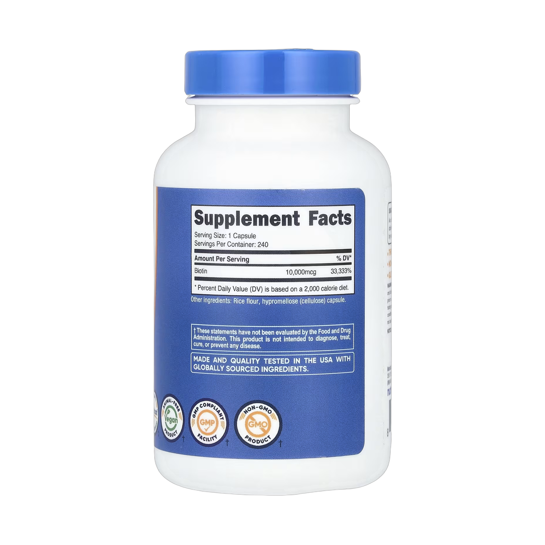 Nutricost, Biotin, 10,000 mcg, 240 Capsules back packaging view