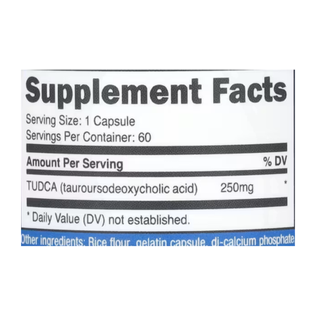 Nutricost, TUDCA, 250 mg, 60 Capsules supplement facts label showing ingredients, vitamins, minerals, and serving information