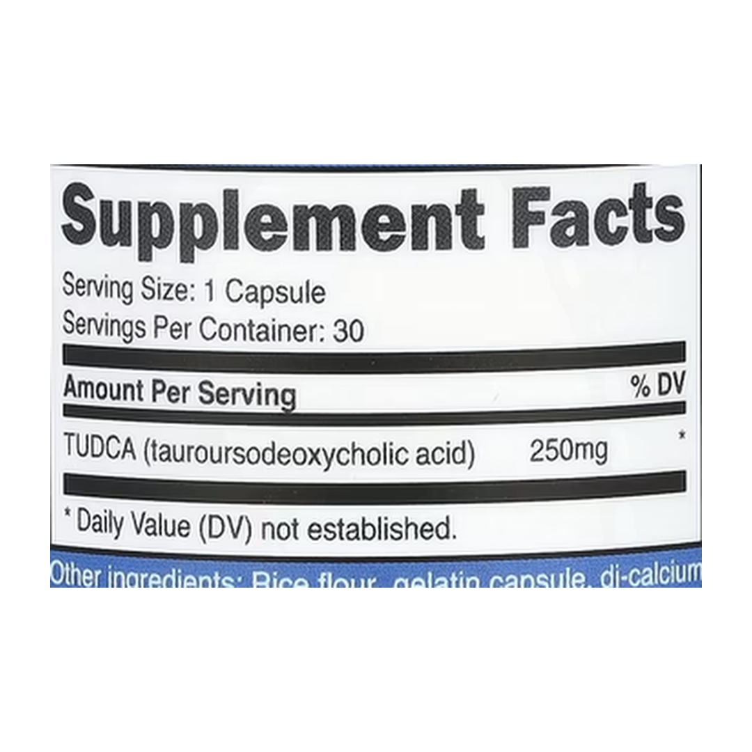 Nutricost, TUDCA, 250 mg, 30 Capsules supplement facts label showing ingredients, vitamins, minerals, and serving information