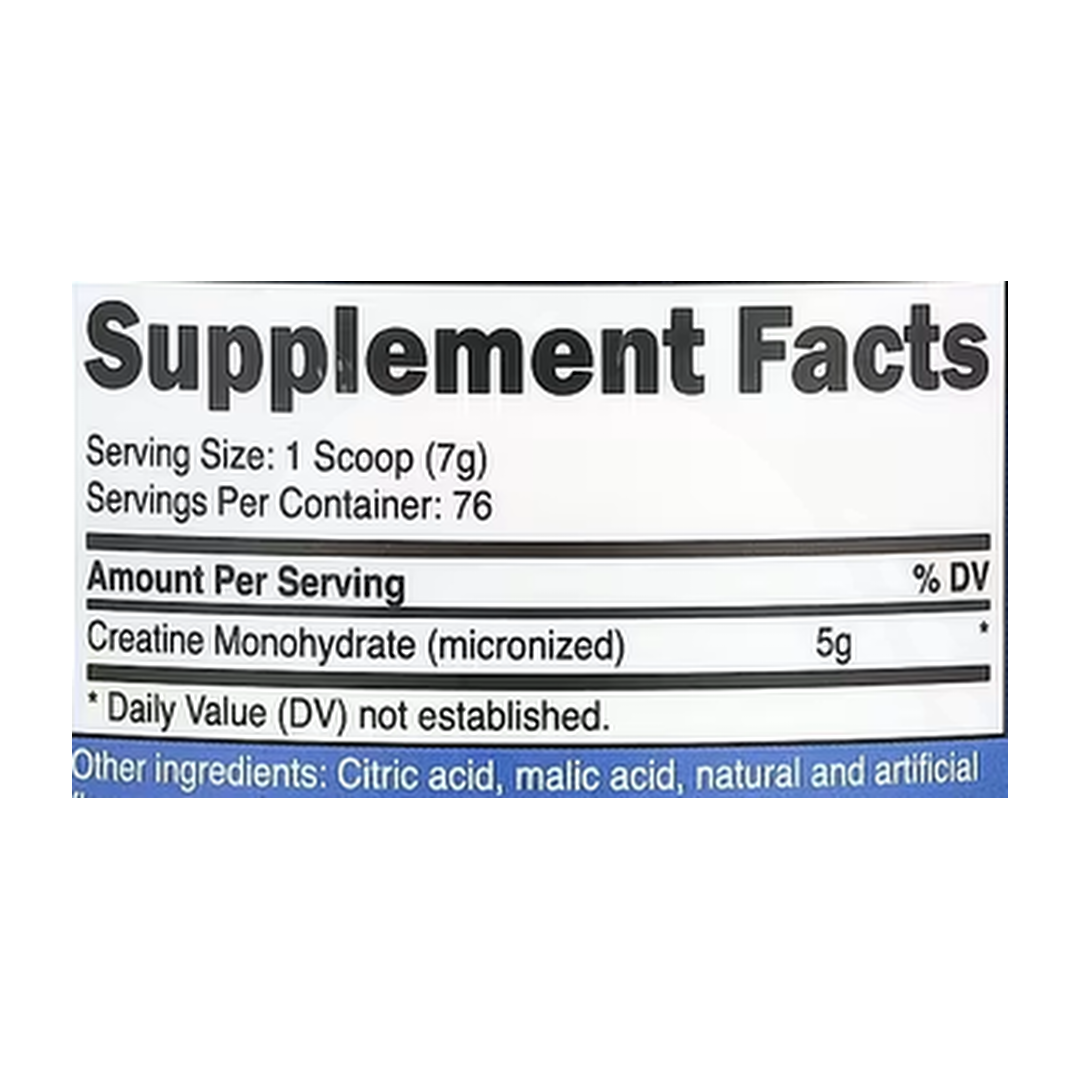 Nutricost, Performance, Creatine Monohydrate, Fruit Punch, 1.1 lbs, 500 g supplement facts label showing ingredients, vitamins, minerals, and serving information