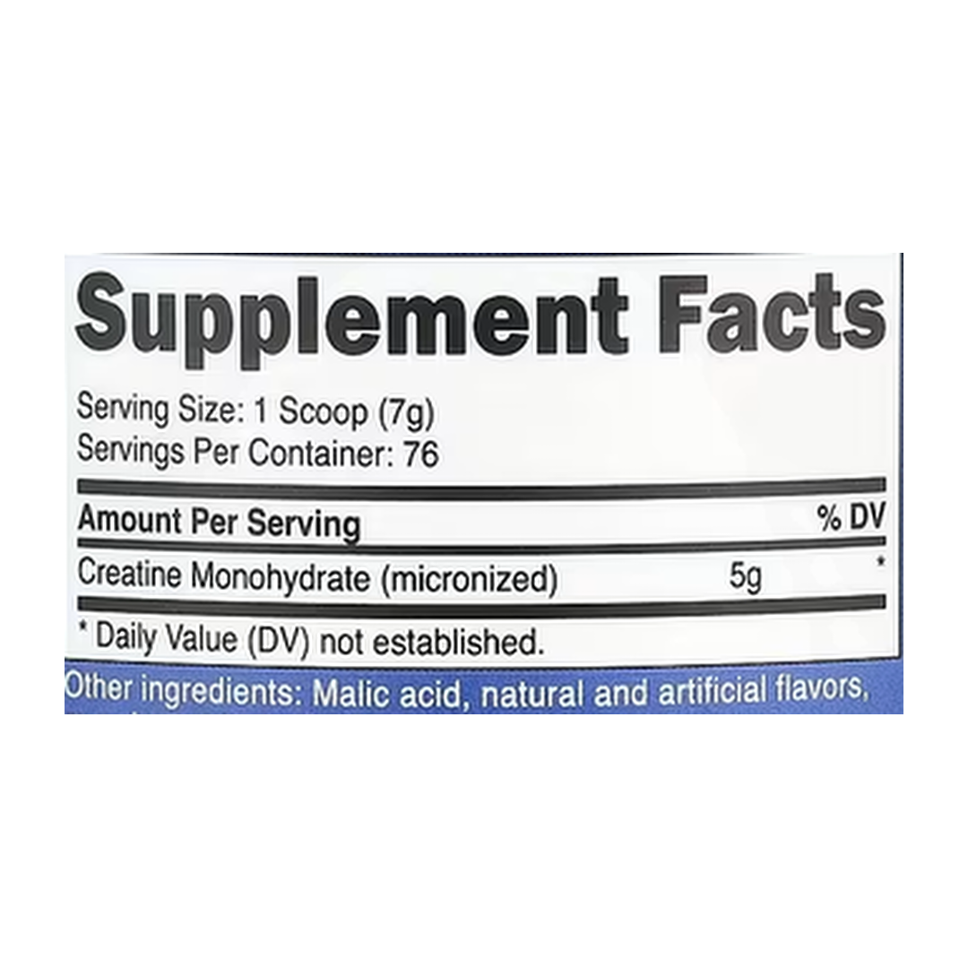 Nutricost, Performance, Creatine Monohydrate, Blue Raspberry, 17.9 oz, 500 g supplement facts label showing ingredients, vitamins, minerals, and serving information
