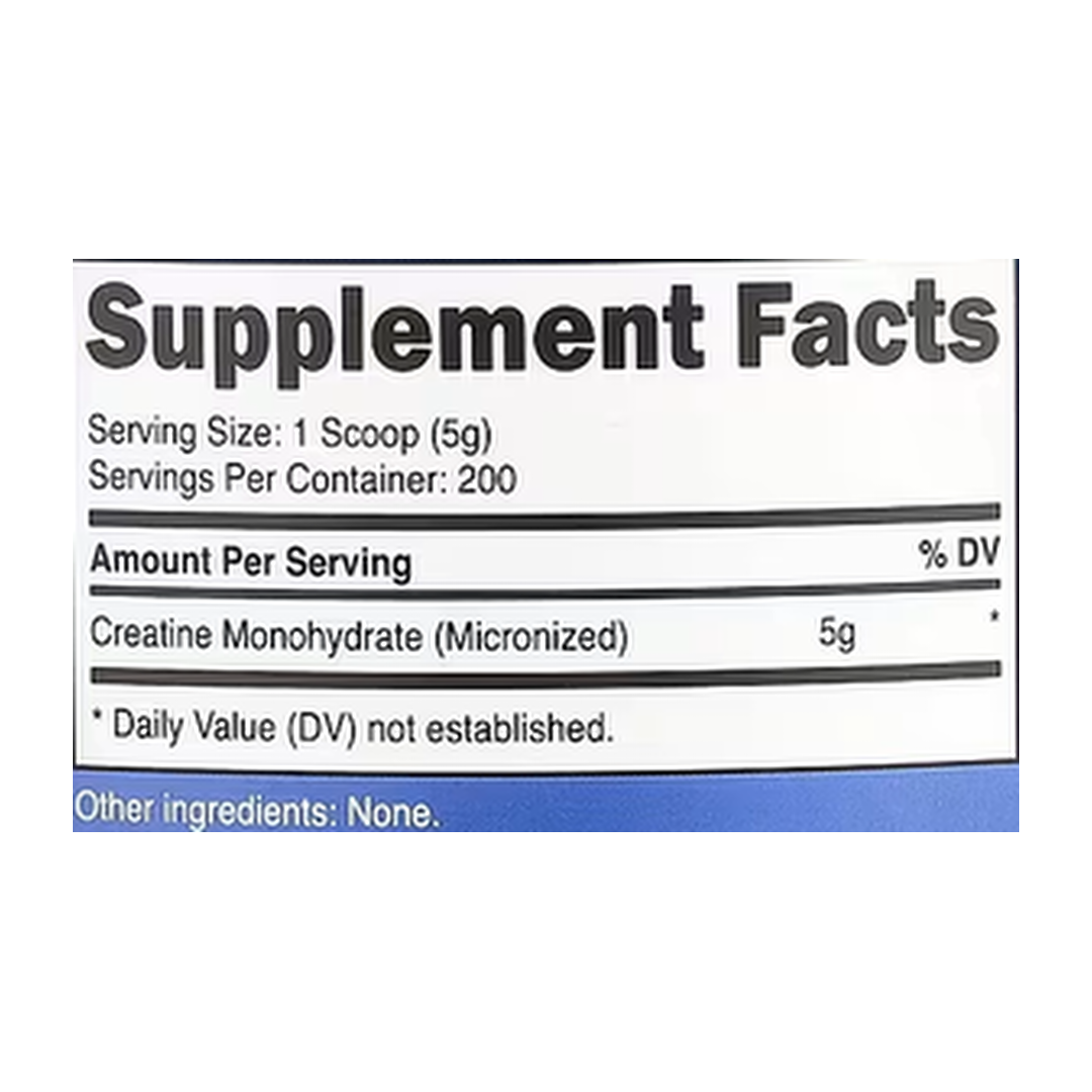 Nutricost, Performance, Creatine Monohydrate, Unflavored , 2.2 lb, 1 kg supplement facts label showing ingredients, vitamins, minerals, and serving information