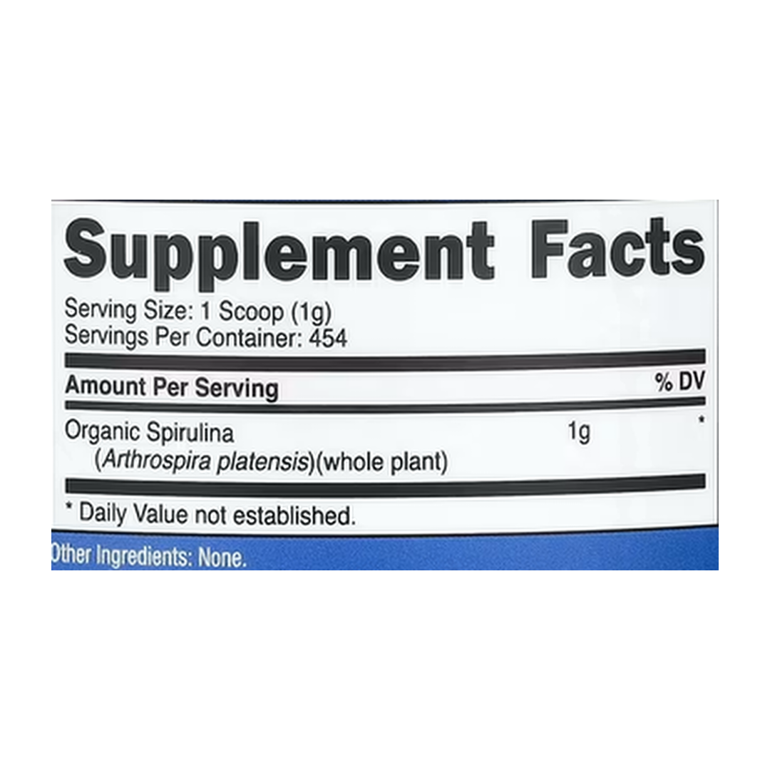 Nutricost, Organic Spirulina, Unflavored, 16.2 oz, 454 g supplement facts label showing ingredients, vitamins, minerals, and serving information