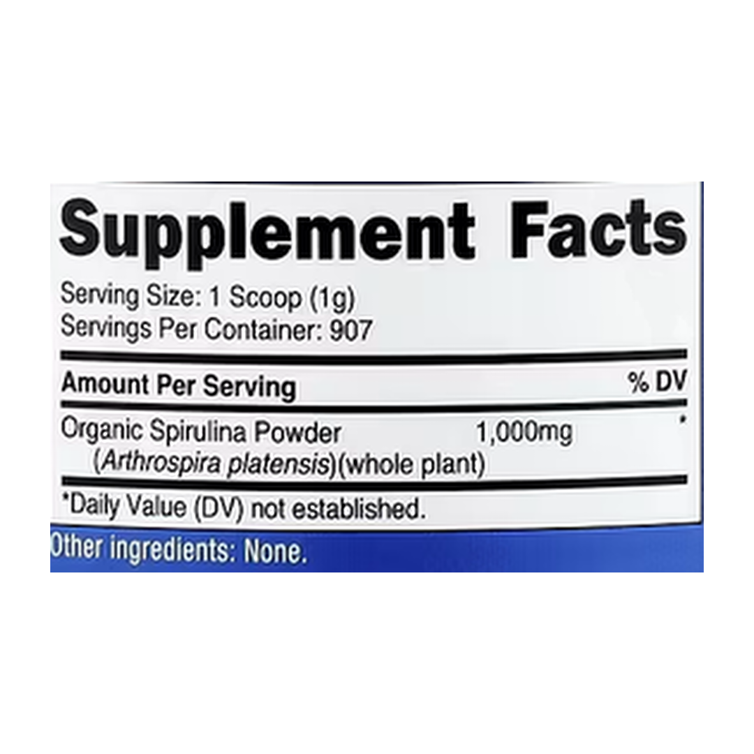 Nutricost, Organic Spirulina, Unflavored, 32.4 oz, 907 g supplement facts label showing ingredients, vitamins, minerals, and serving information