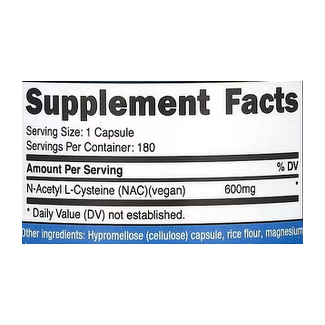 Nutricost, NAC, Vegan N-Acetyl L-Cysteine, 600 mg, 180 Capsules supplement facts label showing ingredients, vitamins, minerals, and serving information