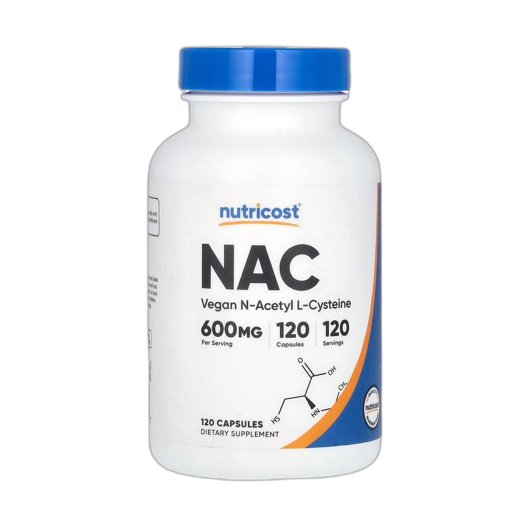Nutricost, NAC, Vegan N-Acetyl L-Cysteine, 600 mg, 120 Capsules front packaging view