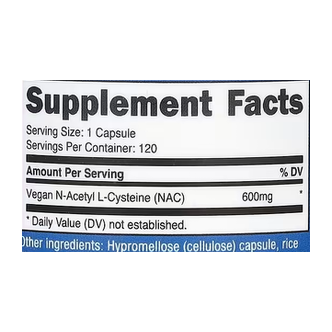 Nutricost, NAC, Vegan N-Acetyl L-Cysteine, 600 mg, 120 Capsules supplement facts label showing ingredients, vitamins, minerals, and serving information