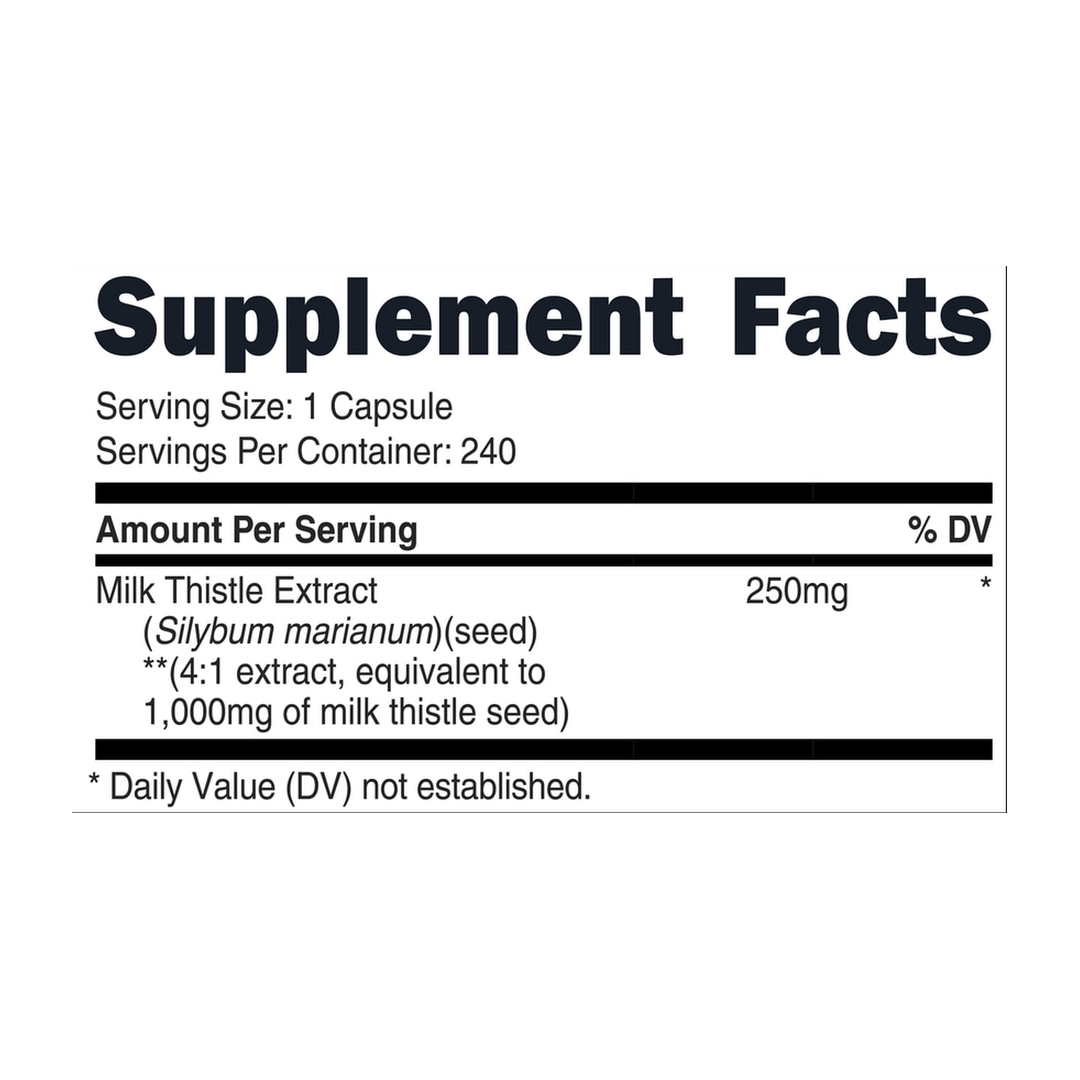 Nutricost, Milk Thistle, 1,000 mg, 240 Capsules supplement facts label showing ingredients, vitamins, minerals, and serving information