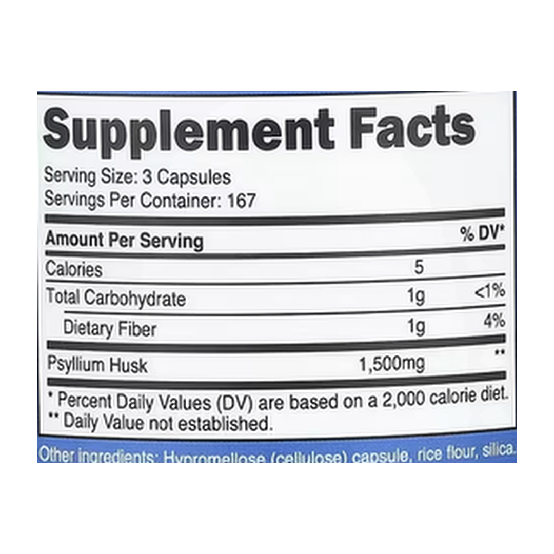 Nutricost, Psyllium Husk, 500 Capsules supplement facts label showing ingredients, vitamins, minerals, and serving information