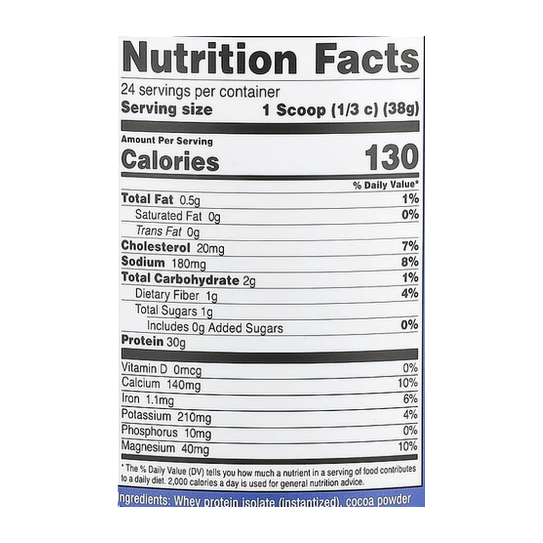 Nutricost, Whey Protein Isolate, Milk Chocolate, 2 lb, 907 g supplement facts label showing ingredients, vitamins, minerals, and serving information