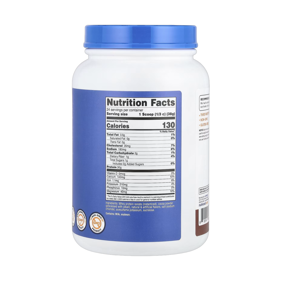 Nutricost, Whey Protein Isolate, Milk Chocolate, 2 lb, 907 g back packaging view