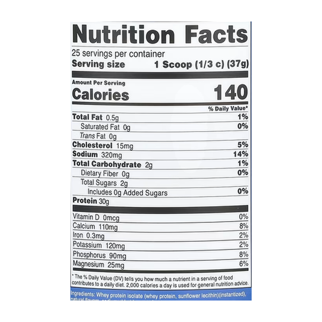 Nutricost, Whey Protein Isolate, Vanilla, 2 lb, 907 g supplement facts label showing ingredients, vitamins, minerals, and serving information