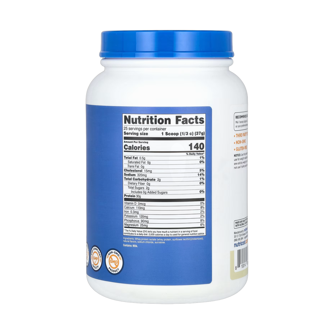 Nutricost, Whey Protein Isolate, Vanilla, 2 lb, 907 g back packaging view