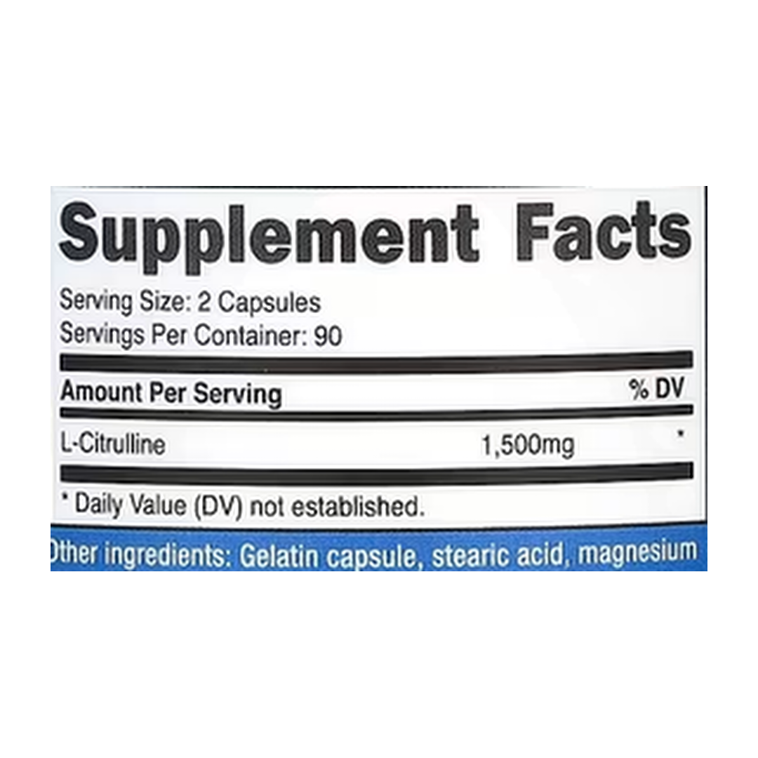Nutricost, L- Citrulline, 180 Capsules supplement facts label showing ingredients, vitamins, minerals, and serving information