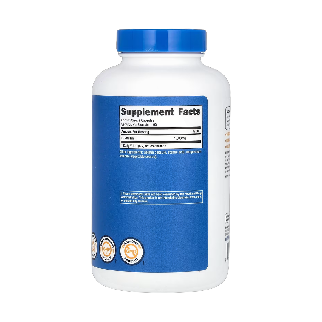 Nutricost, L- Citrulline, 180 Capsules back packaging view