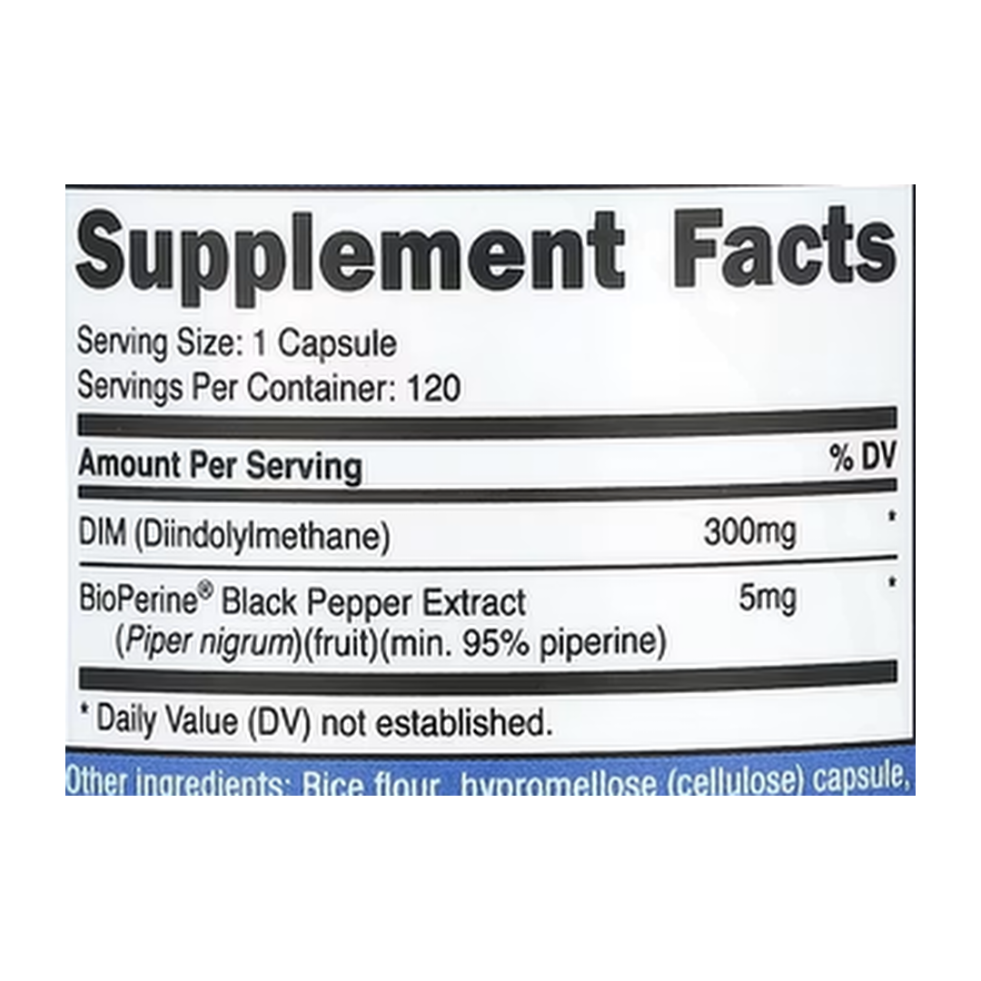 Nutricost, DIM , 300 mg, 120 Capsules supplement facts label showing ingredients, vitamins, minerals, and serving information