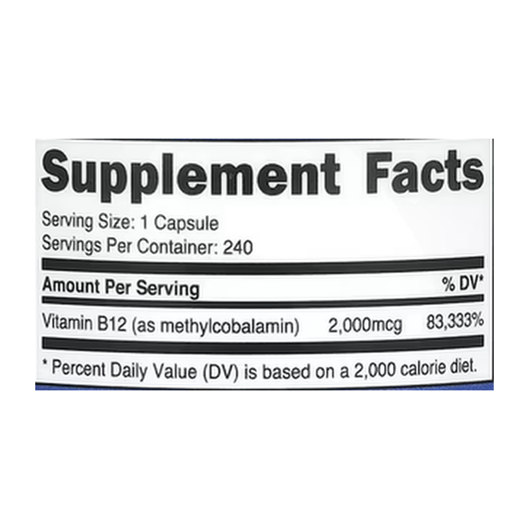 Nutricost, Vitamin B12, 2,000 mcg, 240 Capsules supplement facts label showing ingredients, vitamins, minerals, and serving information