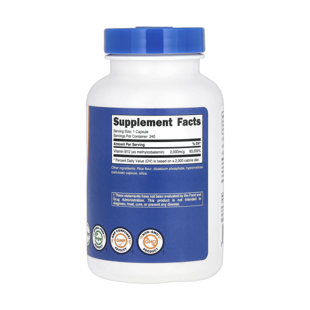 Nutricost, Vitamin B12, 2,000 mcg, 240 Capsules back packaging view