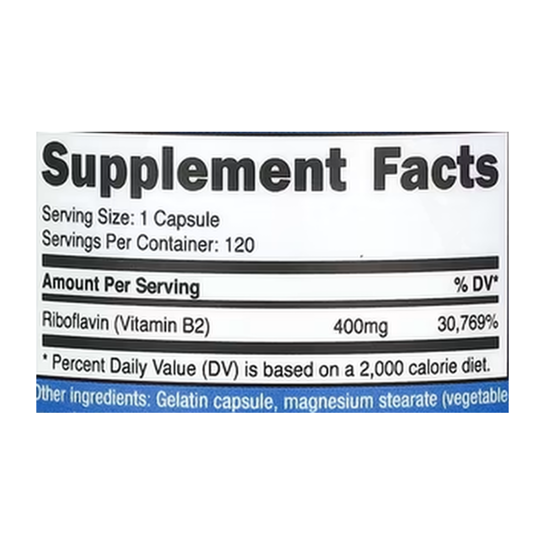 Nutricost, Vitamin B2, 400 mg, 120 Capsules supplement facts label showing ingredients, vitamins, minerals, and serving information