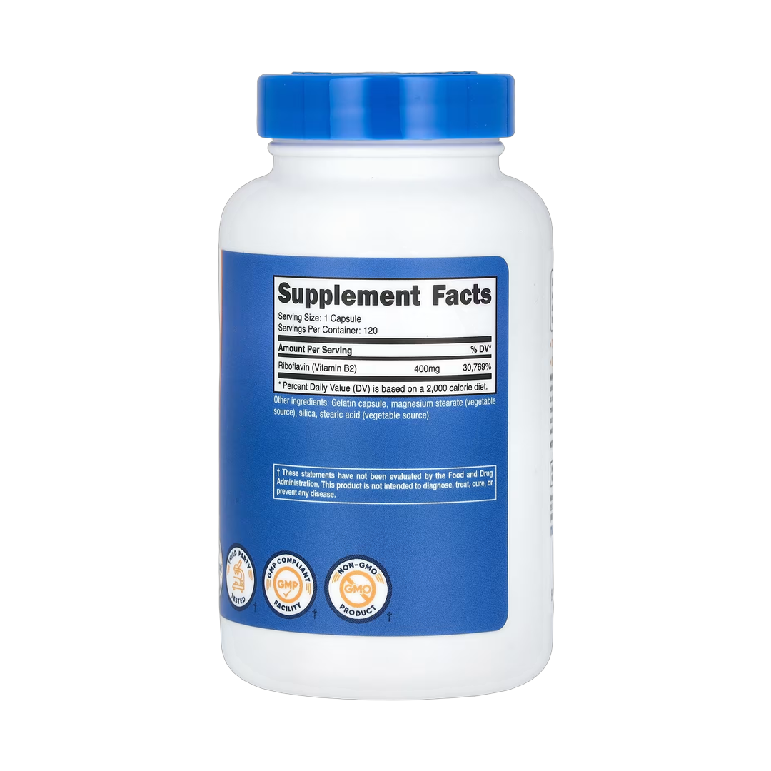 Nutricost, Vitamin B2, 400 mg, 120 Capsules back packaging view