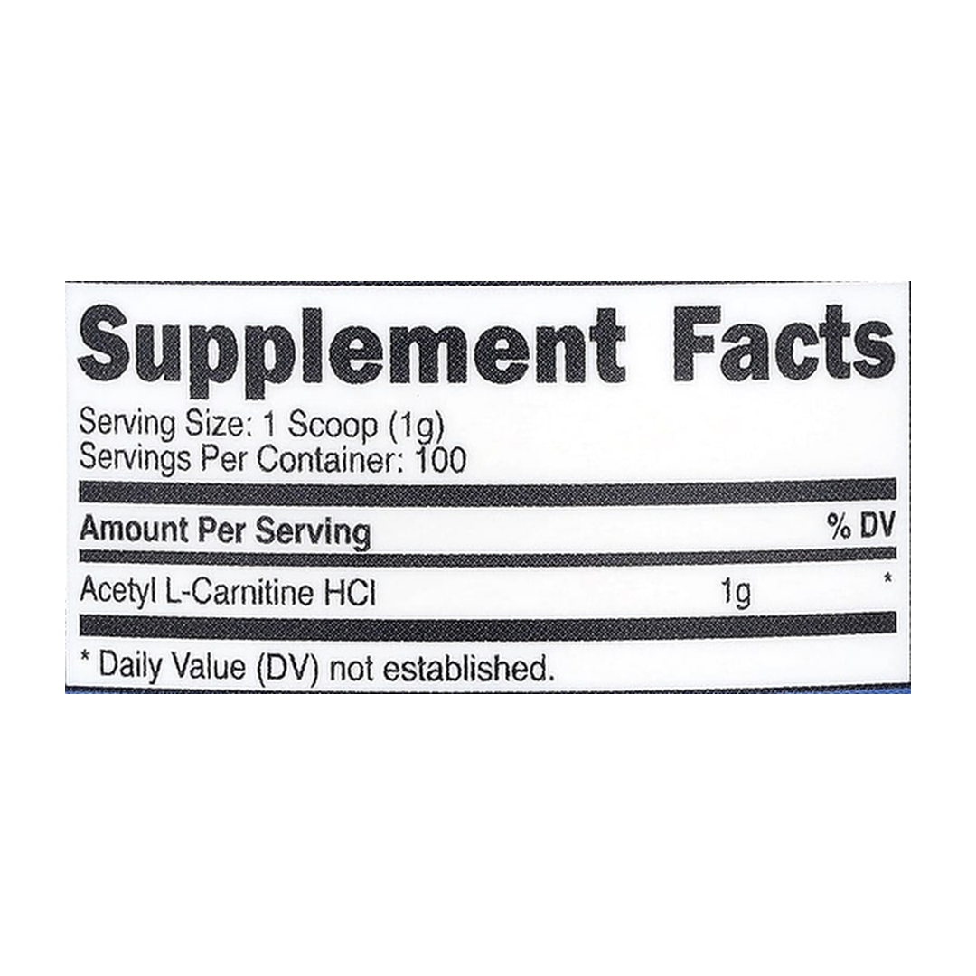 Nutricost, Acetyl L-Carnitine HCl, Unflavored, 3.6 oz, 100 g supplement facts label showing ingredients, vitamins, minerals, and serving information