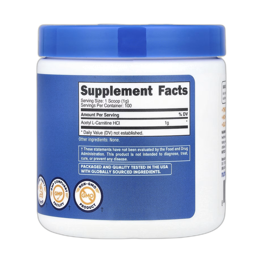 Nutricost, Acetyl L-Carnitine HCl, Unflavored, 3.6 oz, 100 g back packaging view