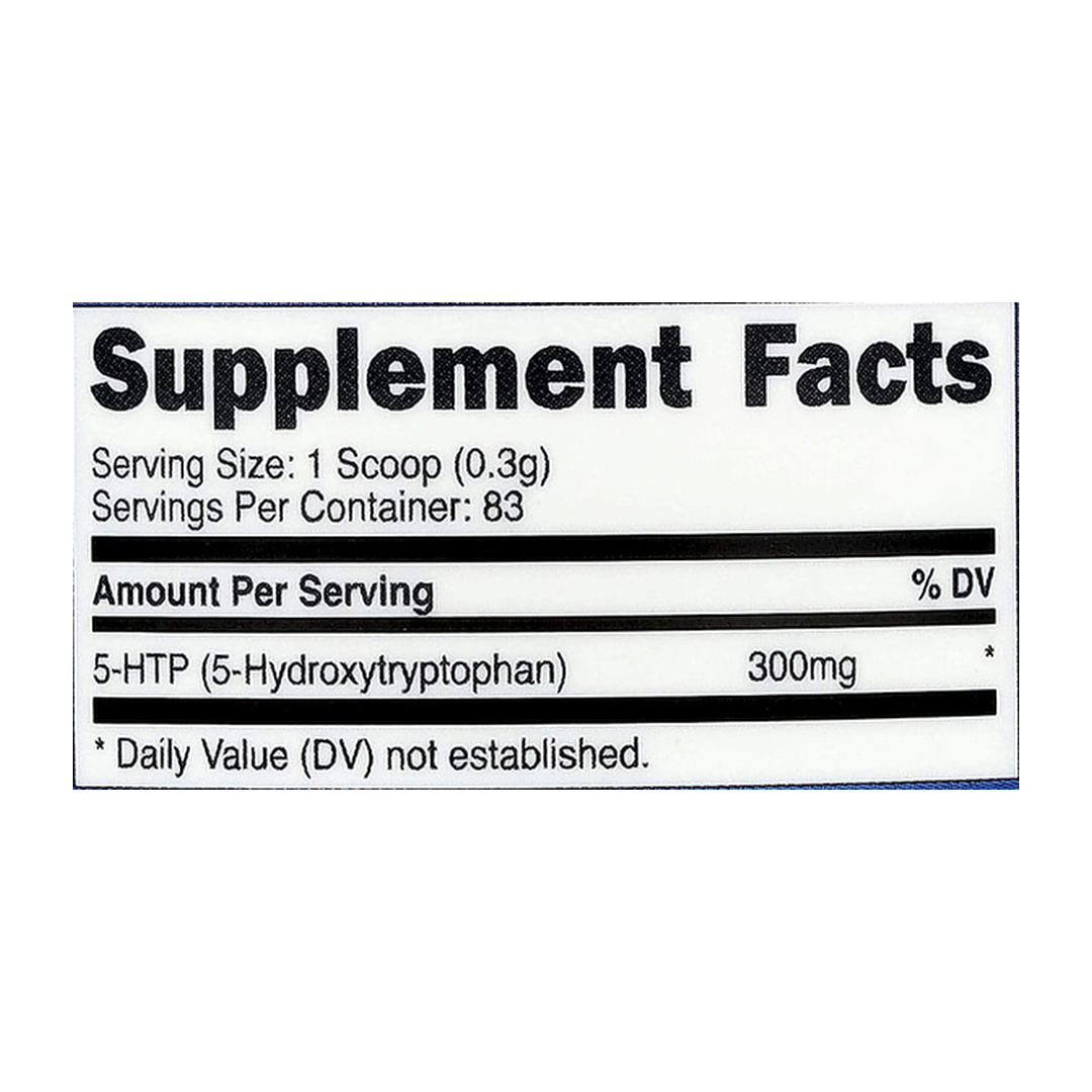 Nutricost, 5-HTP, Unflavored, 0.9 oz,25 g supplement facts label showing ingredients, vitamins, minerals, and serving information
