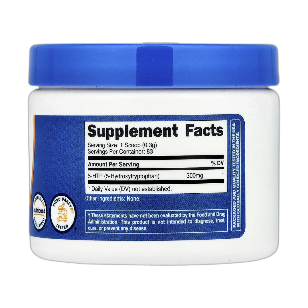 Nutricost, 5-HTP, Unflavored, 0.9 oz,25 g back packaging view