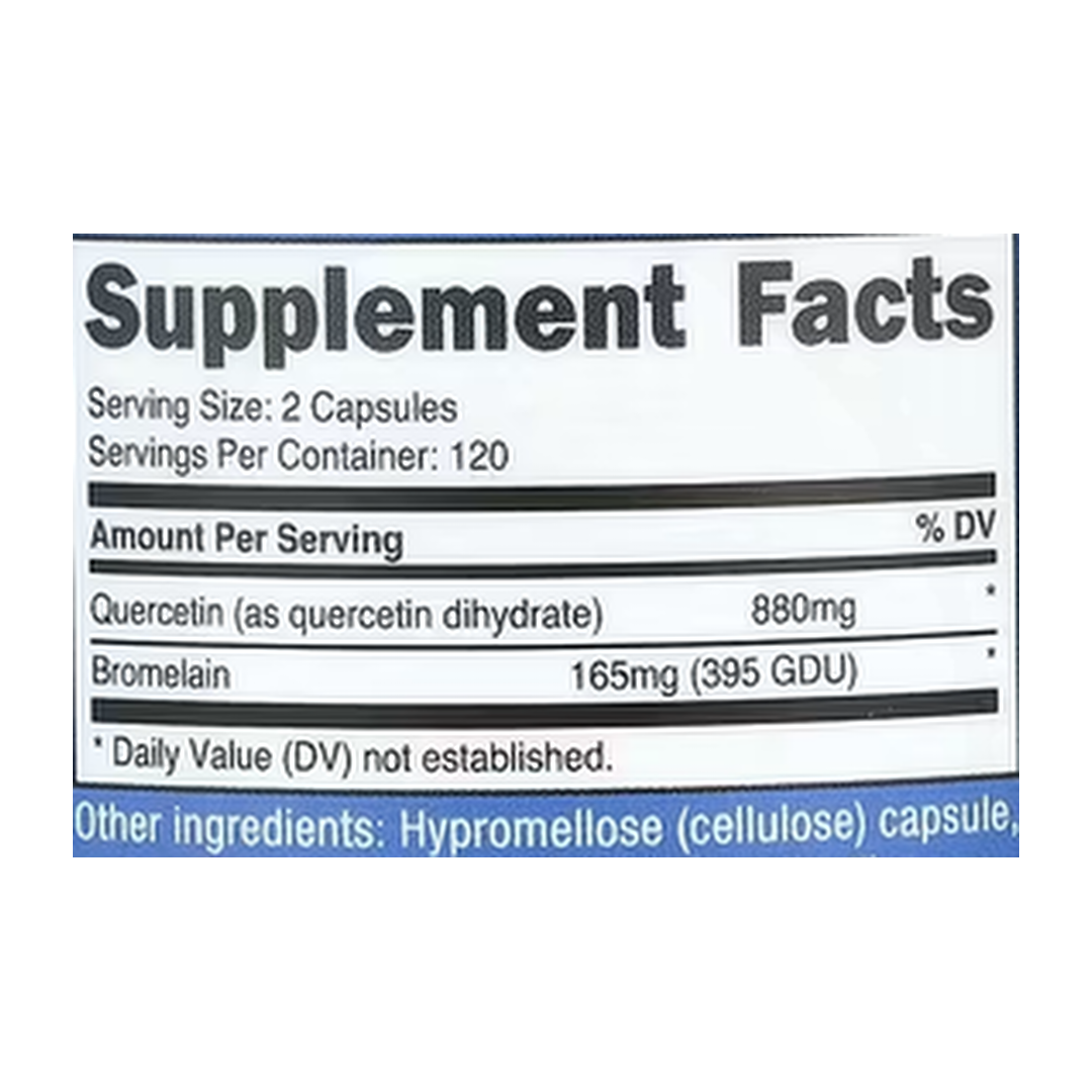 Nutricost, Quercetin with Bromelain, 240 Capsules supplement facts label showing ingredients, vitamins, minerals, and serving information