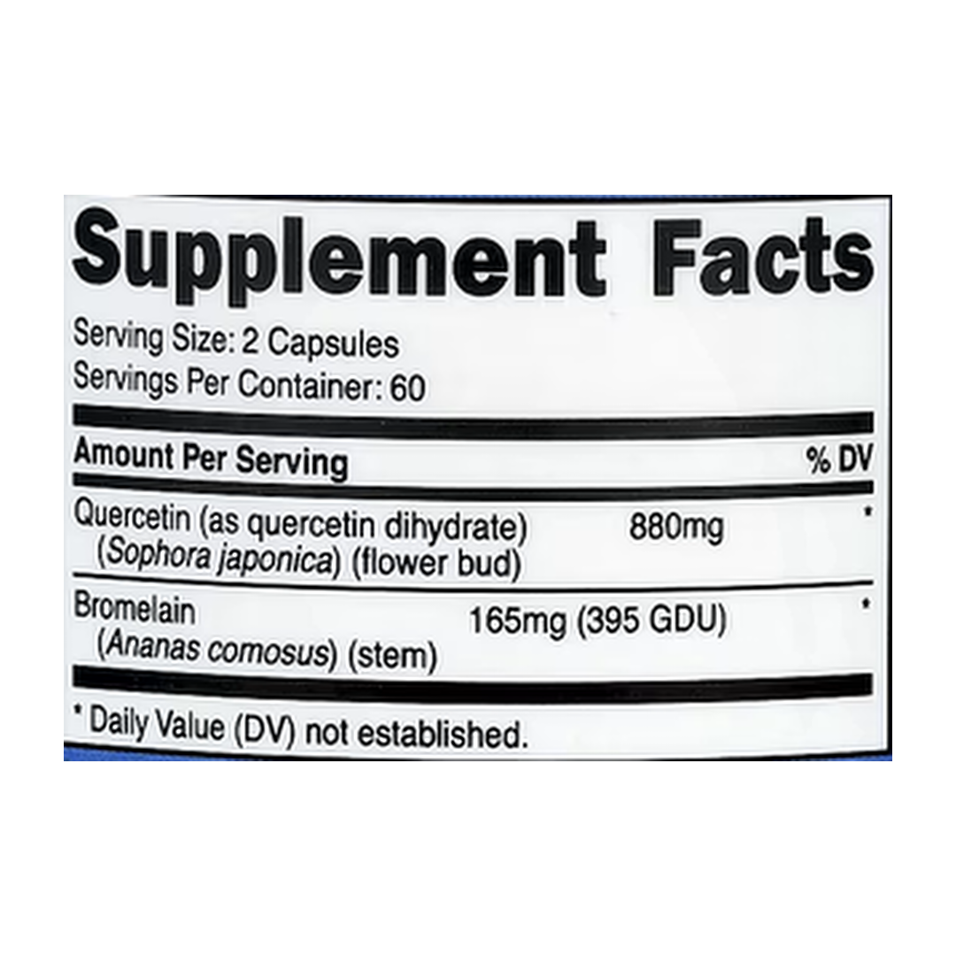 Nutricost, Quercetin with Bromelain, 120 Capsules supplement facts label showing ingredients, vitamins, minerals, and serving information