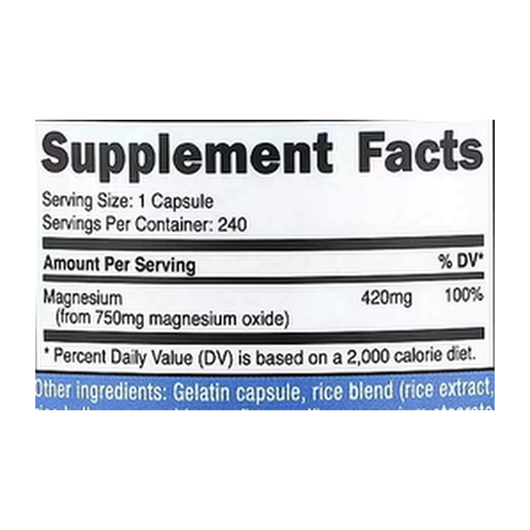 Nutricost, Magnesium Oxide , 750 mg , 240 Capsules supplement facts label showing ingredients, vitamins, minerals, and serving information