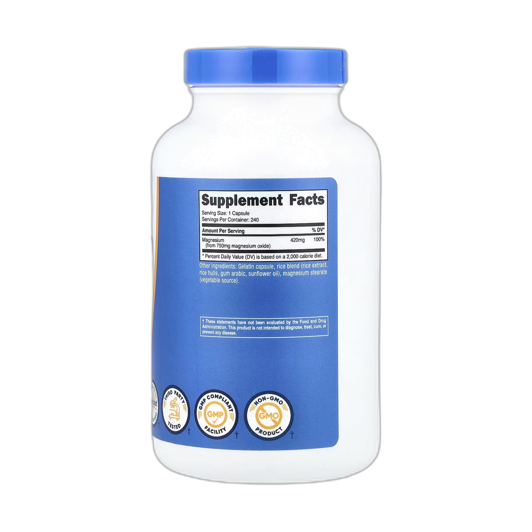 Nutricost, Magnesium Oxide , 750 mg , 240 Capsules back packaging view