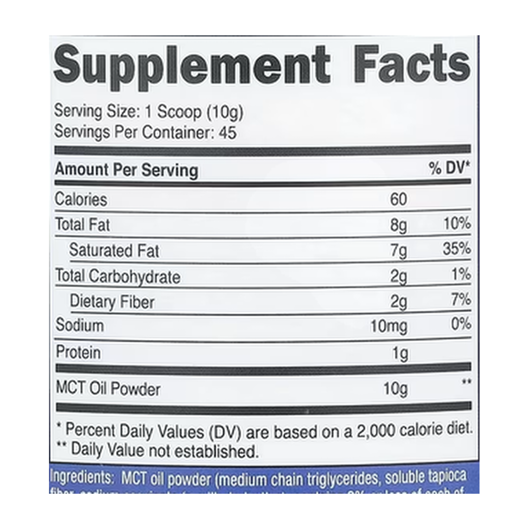 Nutricost, MCT Oil Powder, Unflavored, 16.2 oz, 454 g supplement facts label showing ingredients, vitamins, minerals, and serving information