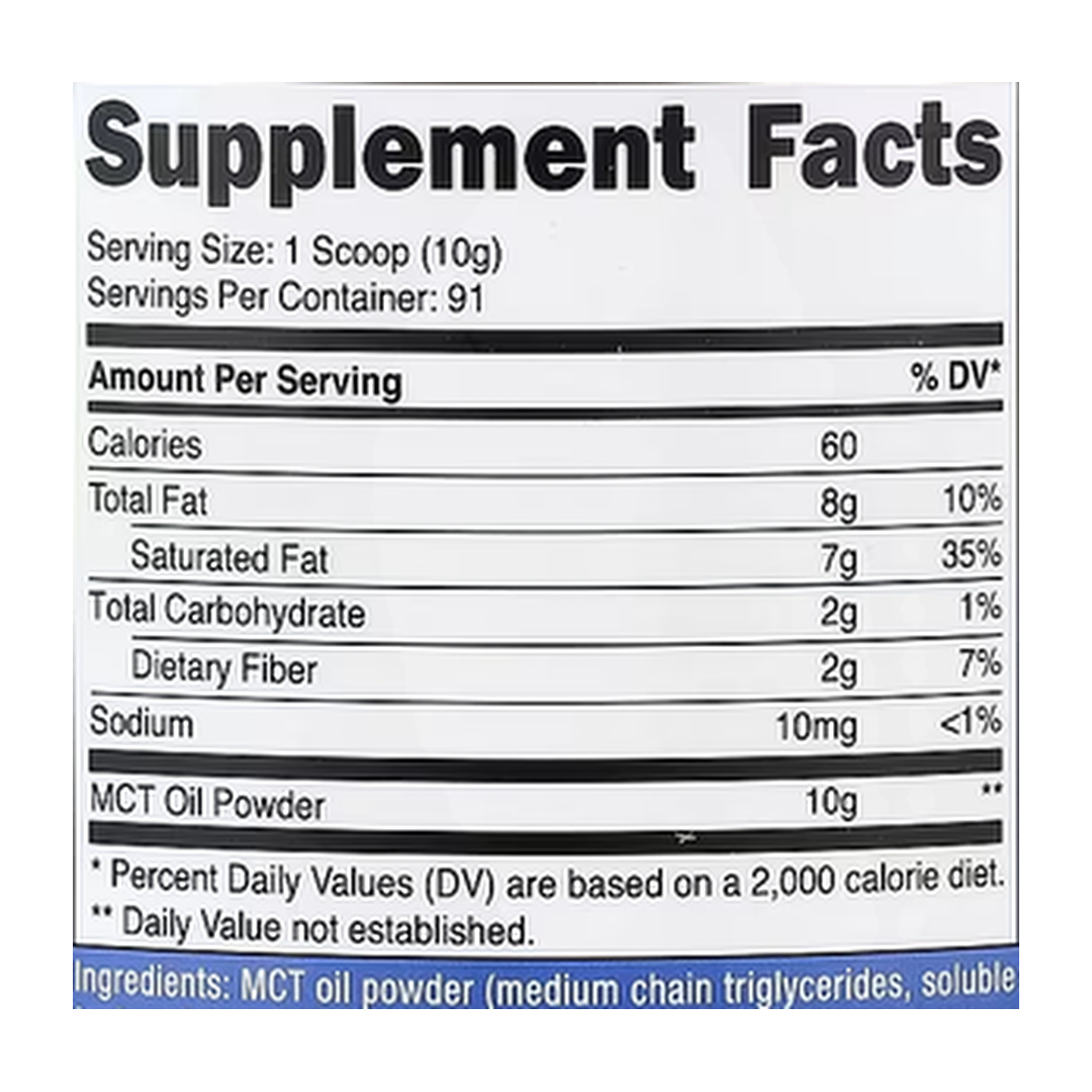 Nutricost, MCT Oil Powder, Unflavored, 32.4 oz, 907 g supplement facts label showing ingredients, vitamins, minerals, and serving information