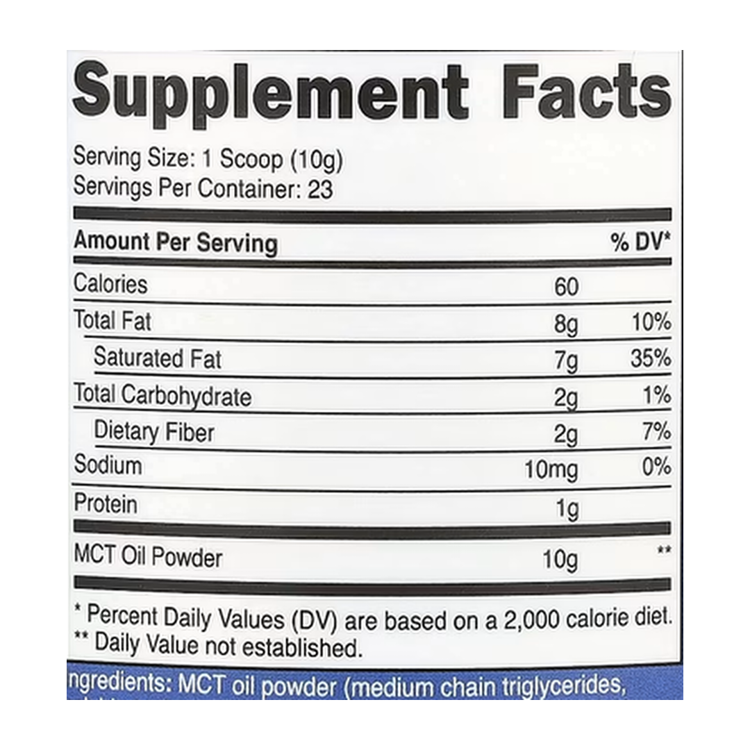 Nutricost, MCT Oil Powder, Unflavored, 8.1 oz, 227 g supplement facts label showing ingredients, vitamins, minerals, and serving information