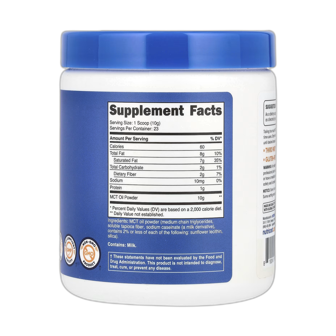Nutricost, MCT Oil Powder, Unflavored, 8.1 oz, 227 g back packaging view