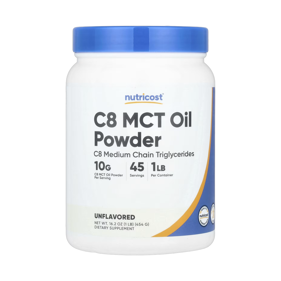 Nutricost, C8 MCT Oil Powder, Unflavored, 1 lb, 454 g front packaging view