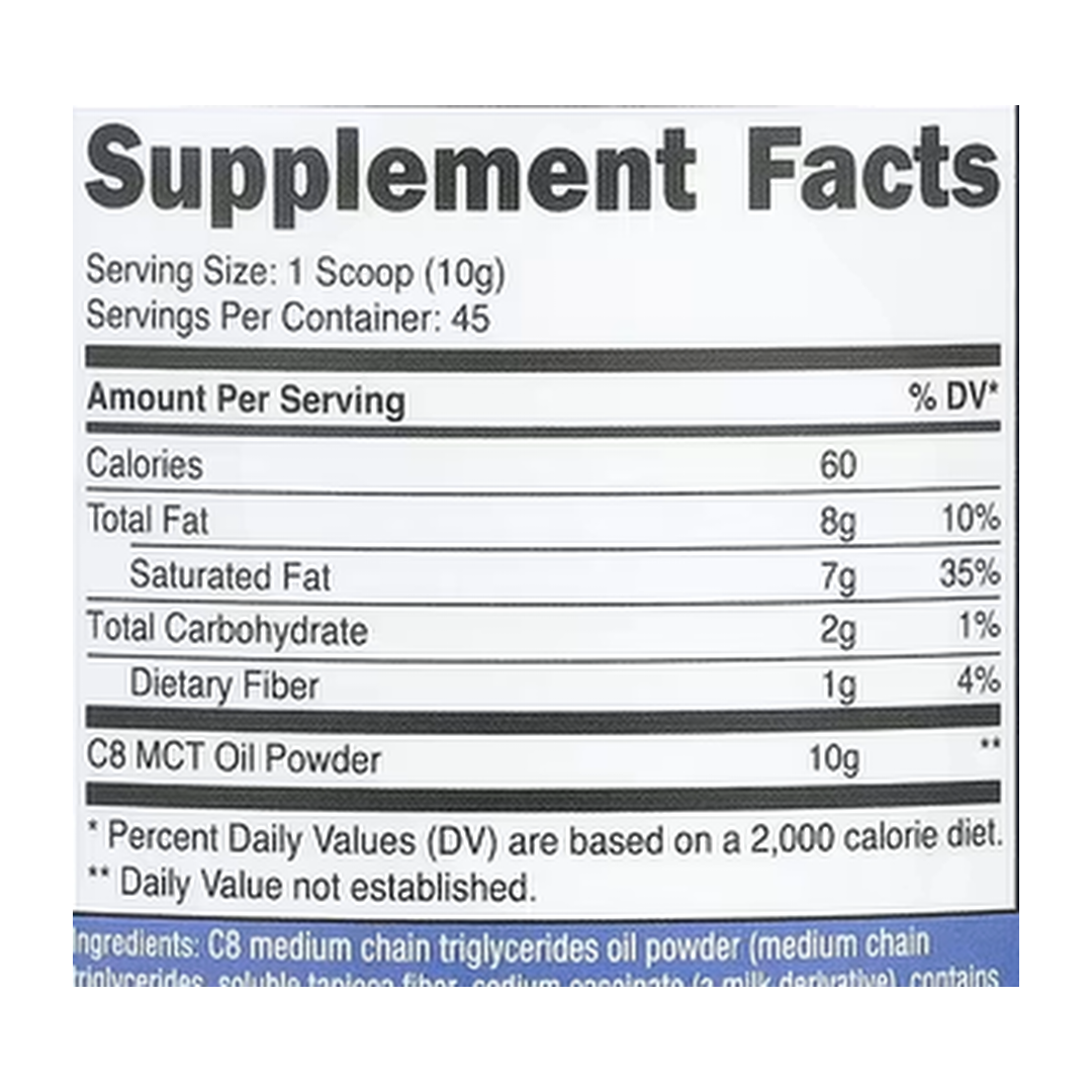 Nutricost, C8 MCT Oil Powder, Unflavored, 1 lb, 454 g supplement facts label showing ingredients, vitamins, minerals, and serving information